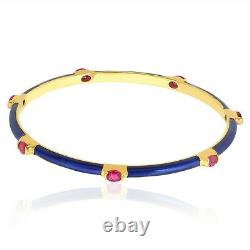 Ruby Oval Cut Gemstone Bangle Bracelet 18k Yellow Gold Blue Enamel Jewelry