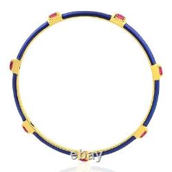 Ruby Oval Cut Gemstone Bangle Bracelet 18k Yellow Gold Blue Enamel Jewelry