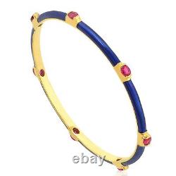 Ruby Oval Cut Gemstone Bangle Bracelet 18k Yellow Gold Blue Enamel Jewelry