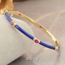 Ruby Oval Cut Gemstone Bangle Bracelet 18k Yellow Gold Blue Enamel Jewelry