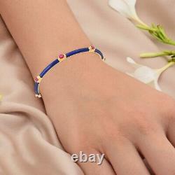 Ruby Oval Cut Gemstone Bangle Bracelet 18k Yellow Gold Blue Enamel Jewelry
