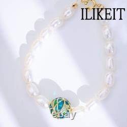 S925 Silver 18K Gold Plated Pearl Bracelet with Blue Green Enamel & Hollow Bead