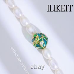S925 Silver 18K Gold Plated Pearl Bracelet with Blue Green Enamel & Hollow Bead