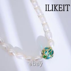 S925 Silver 18K Gold Plated Pearl Bracelet with Blue Green Enamel & Hollow Bead