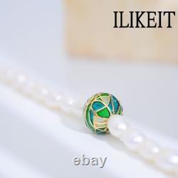 S925 Silver 18K Gold Plated Pearl Bracelet with Blue Green Enamel & Hollow Bead