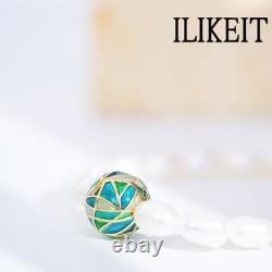 S925 Silver 18K Gold Plated Pearl Bracelet with Blue Green Enamel & Hollow Bead