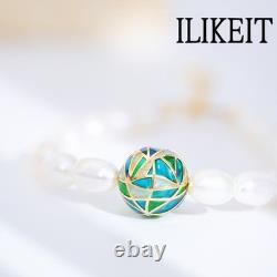 S925 Silver 18K Gold Plated Pearl Bracelet with Blue Green Enamel & Hollow Bead