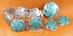SIAM Nielloware Blue Enamel Bracelet Brooch Earrings Set of 3 Sterling Silver