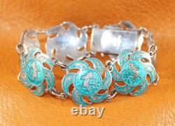SIAM Nielloware Blue Enamel Bracelet Brooch Earrings Set of 3 Sterling Silver