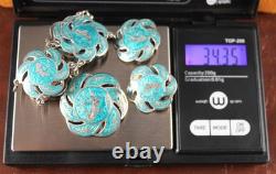 SIAM Nielloware Blue Enamel Bracelet Brooch Earrings Set of 3 Sterling Silver