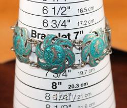 SIAM Nielloware Blue Enamel Bracelet Brooch Earrings Set of 3 Sterling Silver