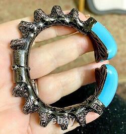 SPECTACULAR STERLING BLACKEND FINISH TURQUOISE ENAMEL& GEM CUFF Thailand -sm