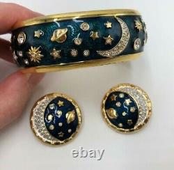 SWAROVSKI Celestial Stars Moon Planet Blue Gold Enamel Bracelet Earrings SET