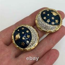 SWAROVSKI Celestial Stars Moon Planet Blue Gold Enamel Bracelet Earrings SET