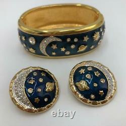 SWAROVSKI Celestial Stars Moon Planet Blue Gold Enamel Bracelet Earrings SET