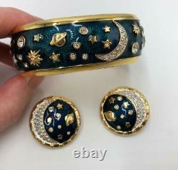 SWAROVSKI Celestial Stars Moon Planet Blue Gold Enamel Bracelet Earrings SET