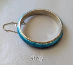 Siam Guilloche Enamel Bangle Bracelet Blue Vintage Sterling Silver
