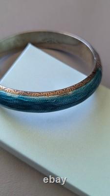 Siam Guilloche Enamel Bangle Bracelet Blue Vintage Sterling Silver