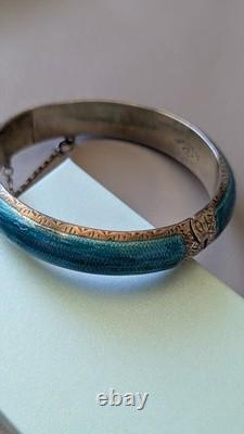 Siam Guilloche Enamel Bangle Bracelet Blue Vintage Sterling Silver