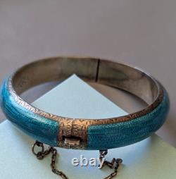 Siam Guilloche Enamel Bangle Bracelet Blue Vintage Sterling Silver