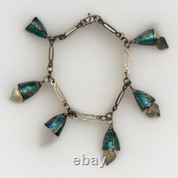 Siam Silver Blue Enamel Bell/Heart Charm 7.25 Bracelet 12.8g