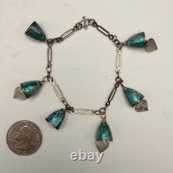 Siam Silver Blue Enamel Bell/Heart Charm 7.25 Bracelet 12.8g