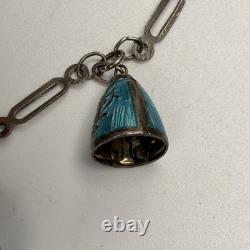 Siam Silver Blue Enamel Bell/Heart Charm 7.25 Bracelet 12.8g