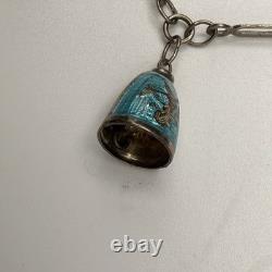 Siam Silver Blue Enamel Bell/Heart Charm 7.25 Bracelet 12.8g