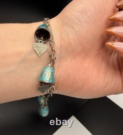 Siam Silver Blue Enamel Bell/Heart Charm 7.25 Bracelet 12.8g