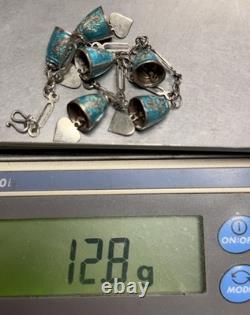 Siam Silver Blue Enamel Bell/Heart Charm 7.25 Bracelet 12.8g