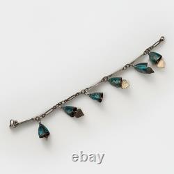 Siam Silver Blue Enamel Bell/Heart Charm 7.25 Bracelet 12.8g