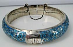 Siam Sterling Silver Blue Enamel Bangle Bracelet Hinged 2.5 Chain Extender