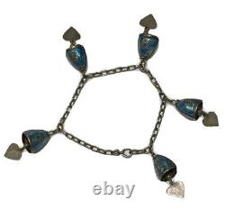 Siam Sterling Silver Blue Enamel Bell Heart Charm Bracelet Vintage Bells Ring