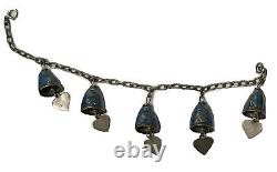 Siam Sterling Silver Blue Enamel Bell Heart Charm Bracelet Vintage Bells Ring