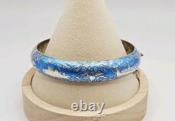 Siam Sterling Silver Blue Enamel Niello Dancer Guilloche Hinged Bangle Bracelet
