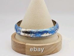 Siam Sterling Silver Blue Enamel Niello Dancer Guilloche Hinged Bangle Bracelet