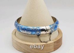 Siam Sterling Silver Blue Enamel Niello Dancer Guilloche Hinged Bangle Bracelet