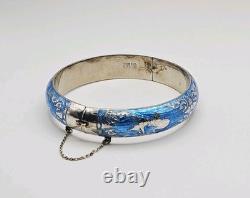 Siam Sterling Silver Blue Enamel Niello Dancer Guilloche Hinged Bangle Bracelet