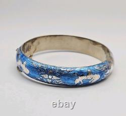 Siam Sterling Silver Blue Enamel Niello Dancer Guilloche Hinged Bangle Bracelet