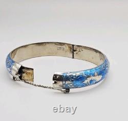 Siam Sterling Silver Blue Enamel Niello Dancer Guilloche Hinged Bangle Bracelet