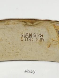 Siam Sterling Silver Blue Enamel Niello Dancer Guilloche Hinged Bangle Bracelet