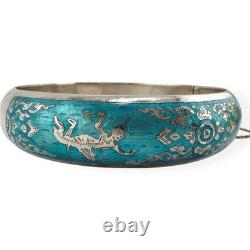 Siam Thailand Sterling Silver Aqua Blue Enamel Inlay, Hinged Bangle Bracelet