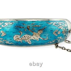 Siam Thailand Sterling Silver Aqua Blue Enamel Inlay, Hinged Bangle Bracelet