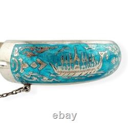 Siam Thailand Sterling Silver Aqua Blue Enamel Inlay, Hinged Bangle Bracelet