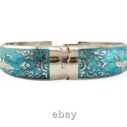 Siam Thailand Sterling Silver Aqua Blue Enamel Inlay, Hinged Bangle Bracelet