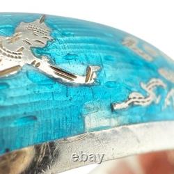 Siam Thailand Sterling Silver Aqua Blue Enamel Inlay, Hinged Bangle Bracelet