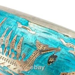 Siam Thailand Sterling Silver Aqua Blue Enamel Inlay, Hinged Bangle Bracelet
