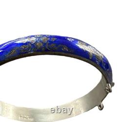Siam Vintage Cobalt Blue Enamel Bangle Sterling 925 Silver 8.5 Long, 18.45 g