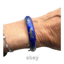 Siam Vintage Cobalt Blue Enamel Bangle Sterling 925 Silver 8.5 Long, 18.45 g
