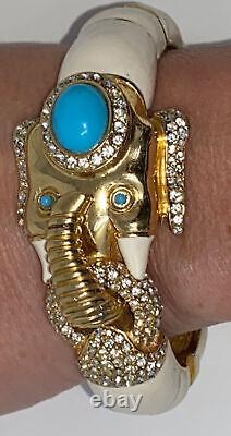 Signed Ciner GOLD Creme Enamel Turquoise Cabochon Rhinestone Elephant Bracelet
